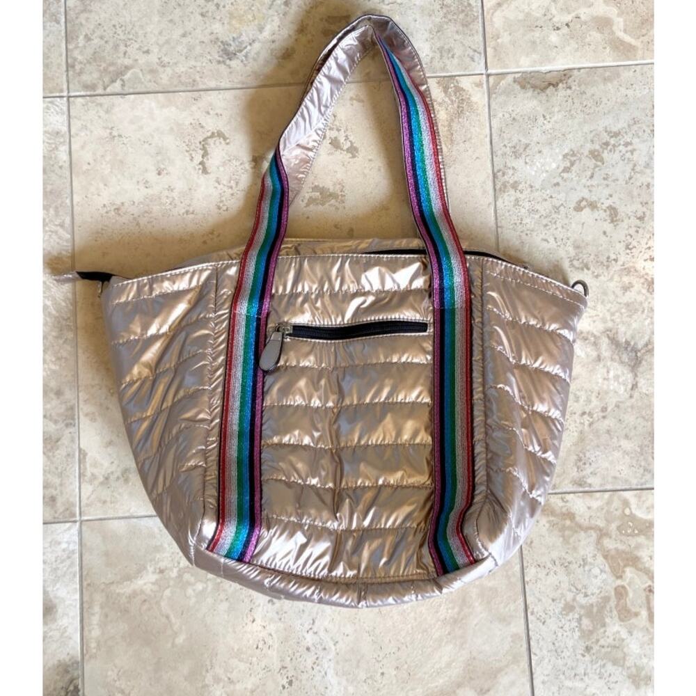 Bari Lynn NWOT rose gold metallic quilted puffer tote bag 21x13x7